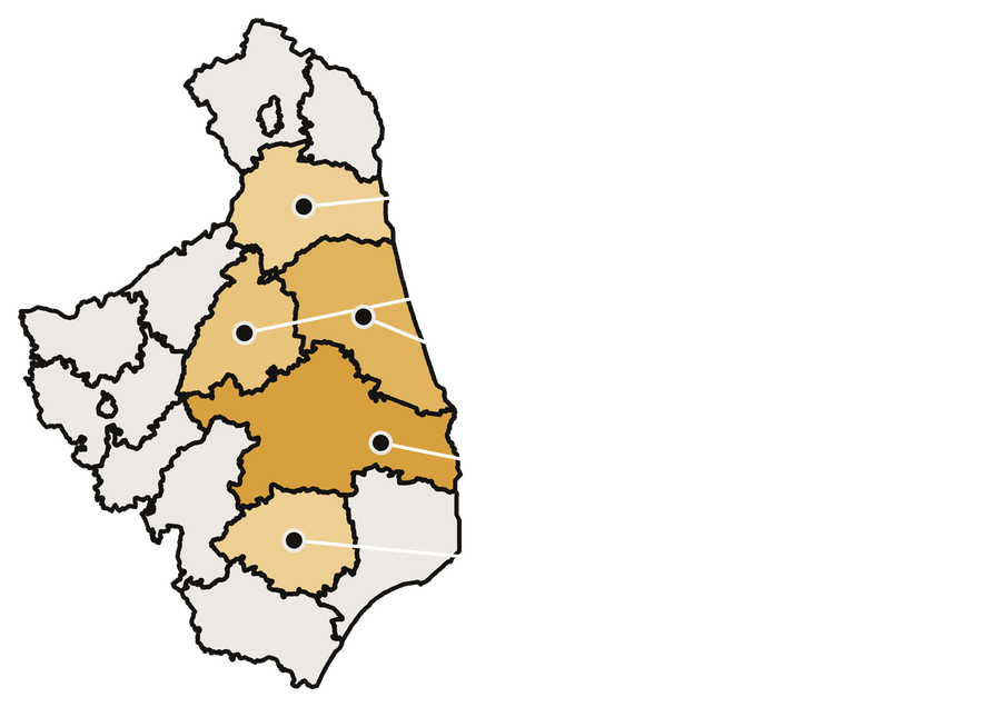 Mapa województwa podlaskiego z zaznaczonymi powiatami białostockim, sokólskim, monieckim, augustowskim i bielskim
