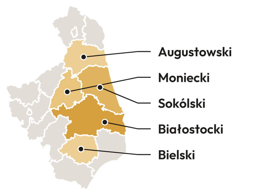 Mapa województwa podlaskiego z zaznaczonymi powiatami białostockim, sokólskim, monieckim, augustowskim i bielskim